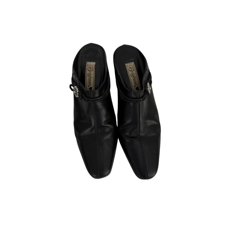 Brighton Black Leather Mule Clogs Women’s Square Toe Braided Concho Heel Slip On